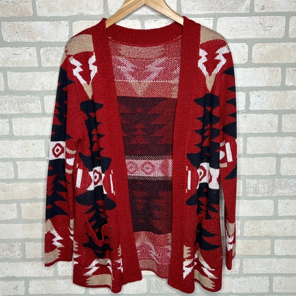 Red Blue Aztec Knit Long Cardigan Sweater with Pockets - Picture 1 of 5